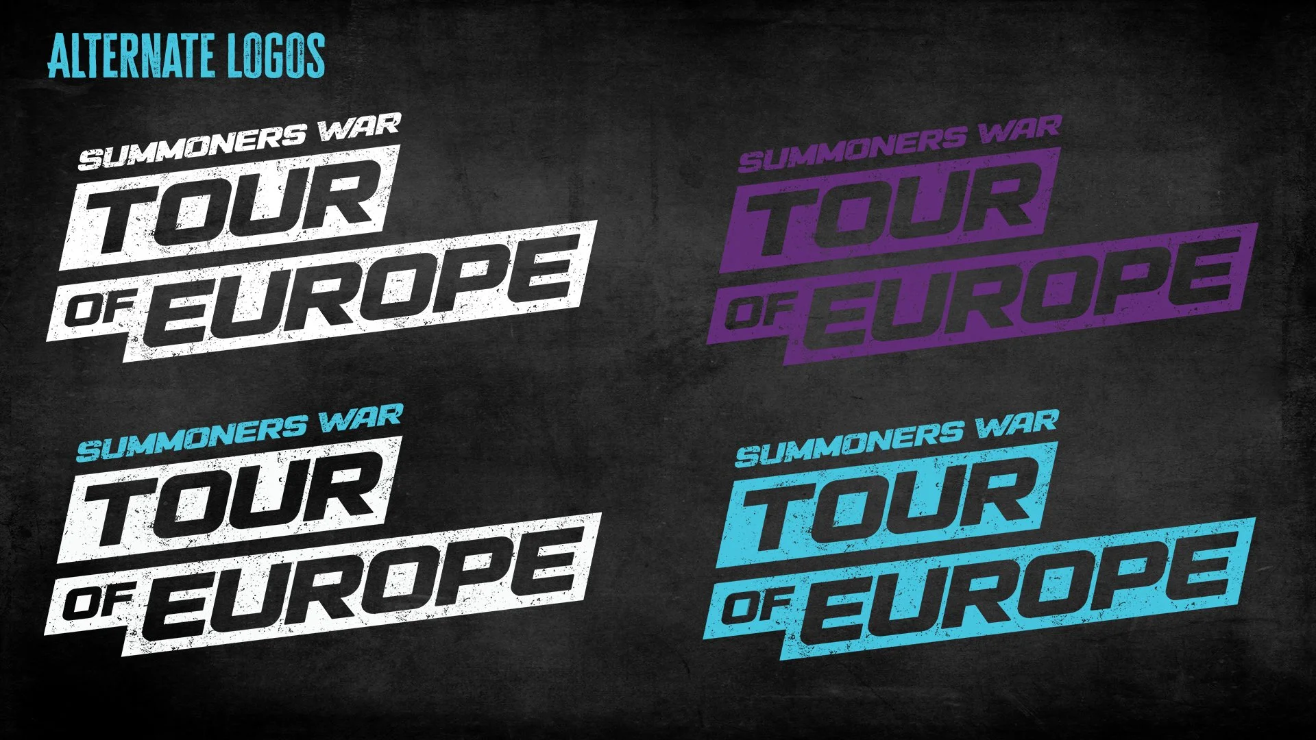 Variety of alternate logo designs for 'Summoners War Tour of Europe' in different colors and styles on a black background.