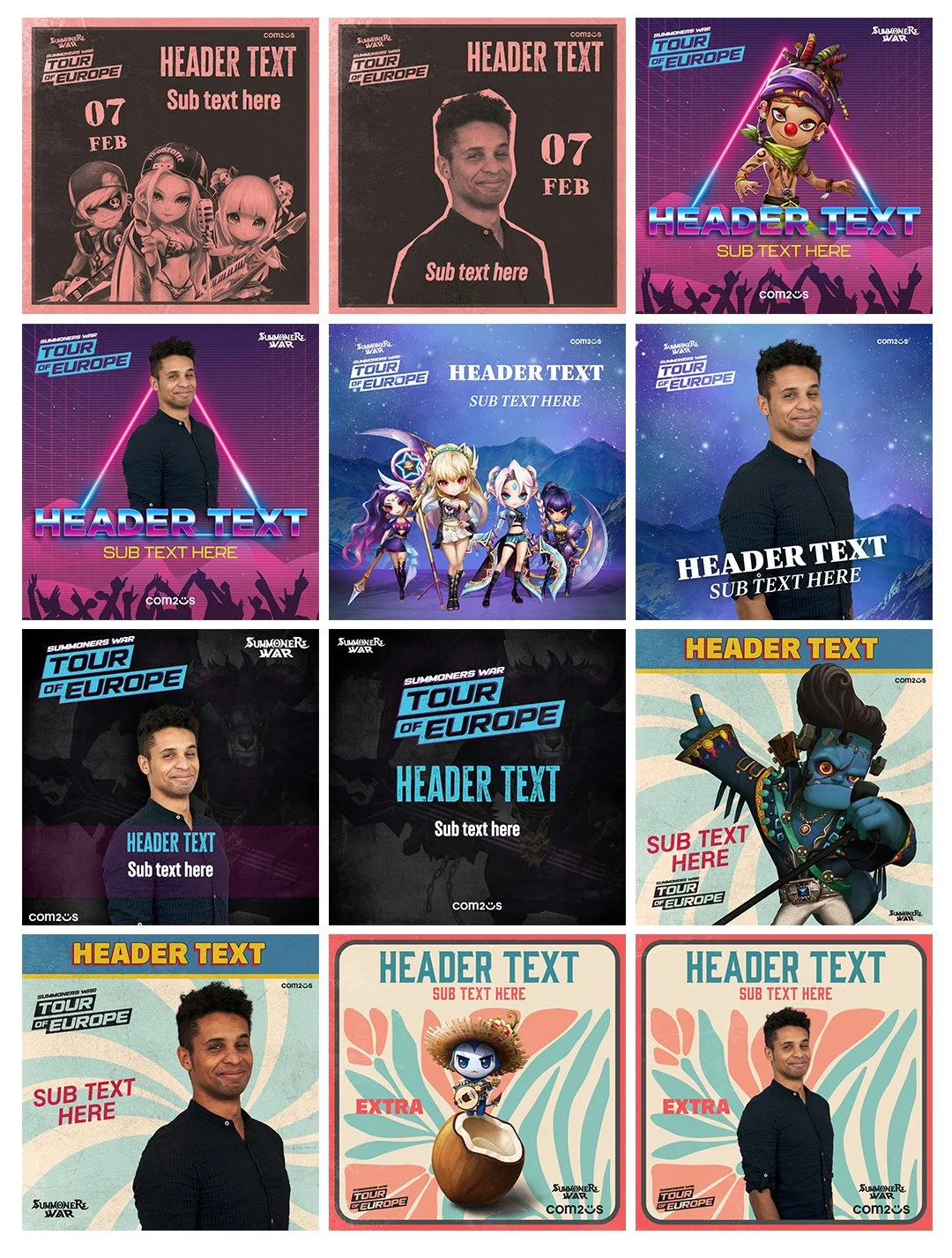 A collage of promotional images for 'Summoners War: Tour of Europe,' featuring a man, animated characters, and colorful backgrounds with various header and subtext placeholders.