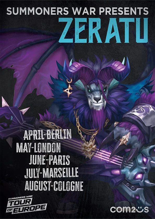A colorful promotional poster for the Summoners War Tour of Europe, featuring the character Zeratu, a dark purple and blue creature with horns, wings, and a large sword. The poster lists tour dates in April-Berlin, May-London, June-Paris, July-Marsei
