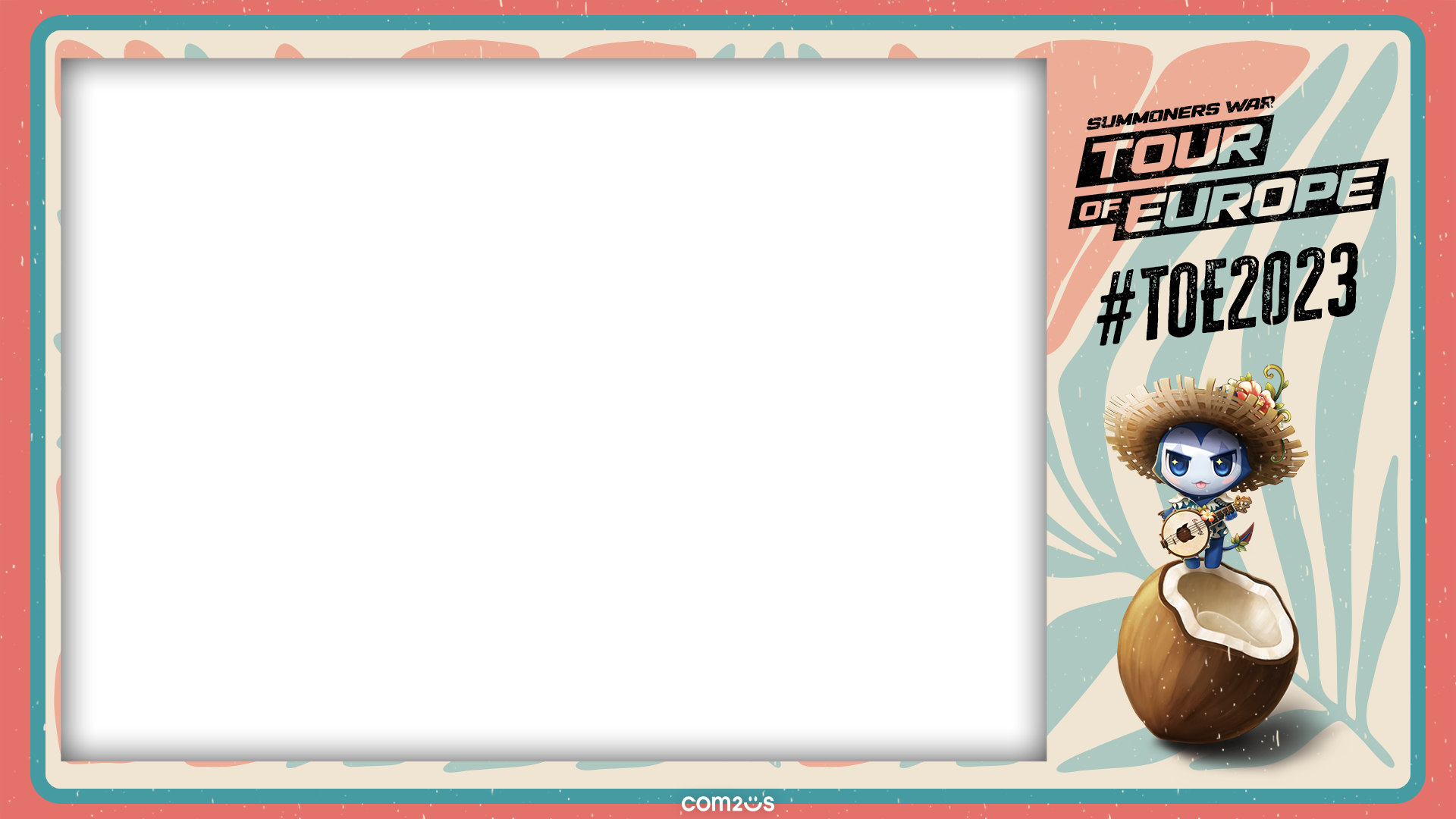Blank image frame with a cartoon character dressed as a musician, standing on a coconut, wearing a large straw hat, against a background with pastel-colored abstract patterns. Text on the right reads 'Summoners War Tour of Europe #TOE2023'.