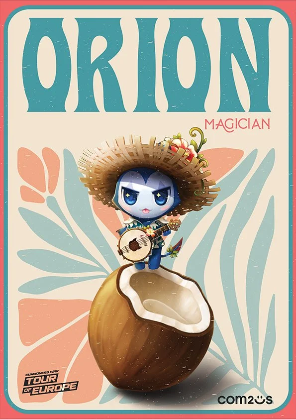 Toy figure of a girl with blue hair playing a guitar, wearing a large straw hat adorned with flowers, standing on a halved coconut shell, with stylized floral background and text reading 'ORION MAGICIAN' and 'TOUR OF EUROPE'.