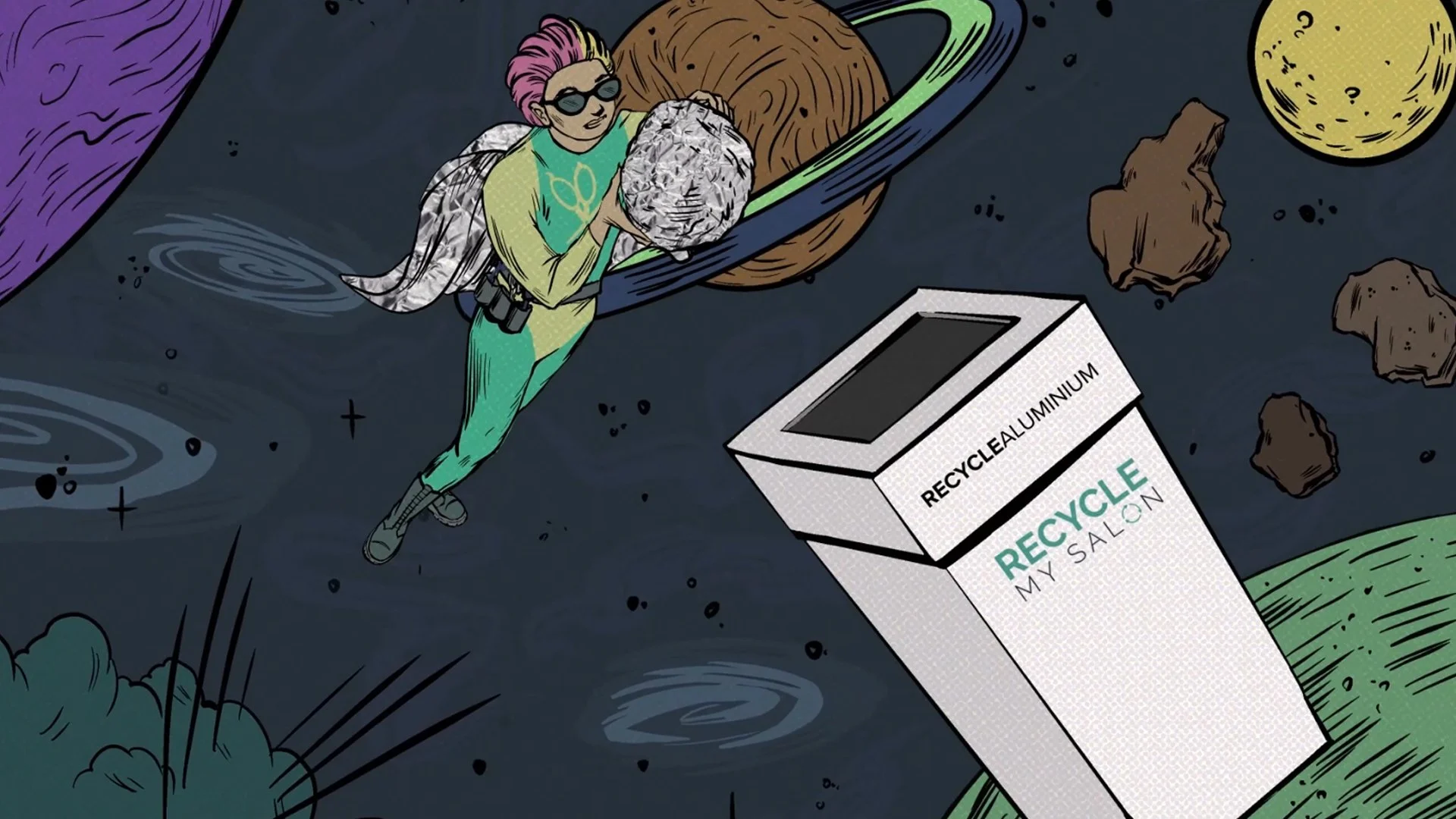 A person with pink hair and sunglasses lying on a space-themed background, holding a large rock, next to a recycling bin labeled "Recycle My Salon" and a planet with rings, with scattered rocks and planets around.