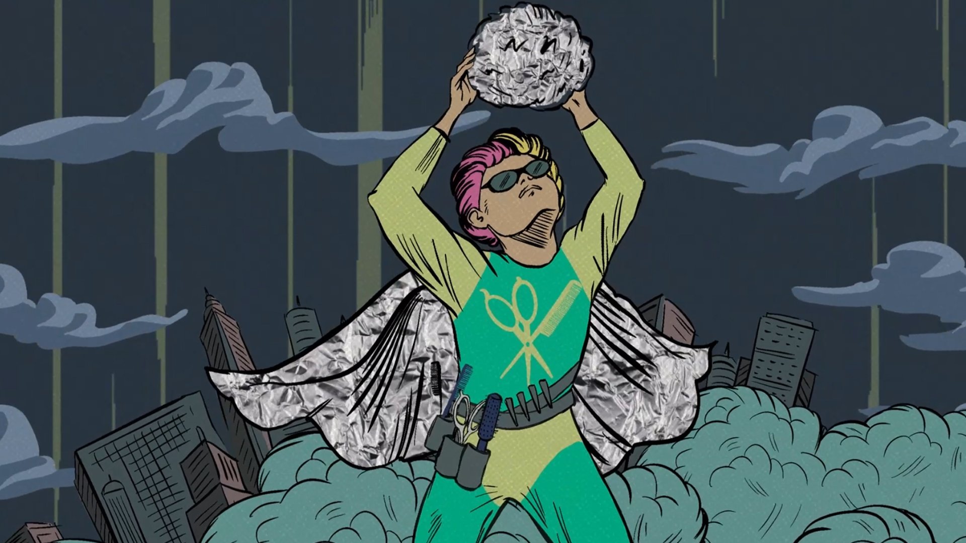 A cartoon character with pink hair, sunglasses, and a green jumpsuit holding a large crumpled ball of paper above their head, standing in front of a city skyline with dark clouds and smoke, surrounded by rubble and smoke.