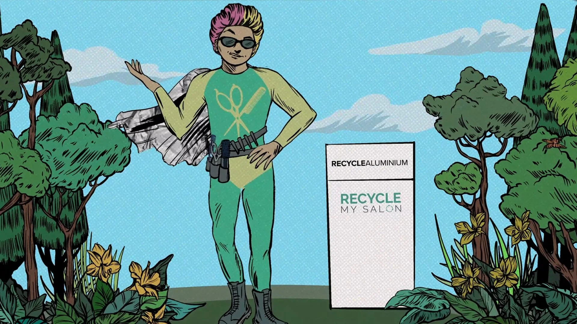 A woman in a green suit with a star emblem, wearing sunglasses and a tool belt, stands outdoors in front of a recycling bin labeled "Recycling My Salon." She is surrounded by trees and yellow flowers under a partly cloudy sky.