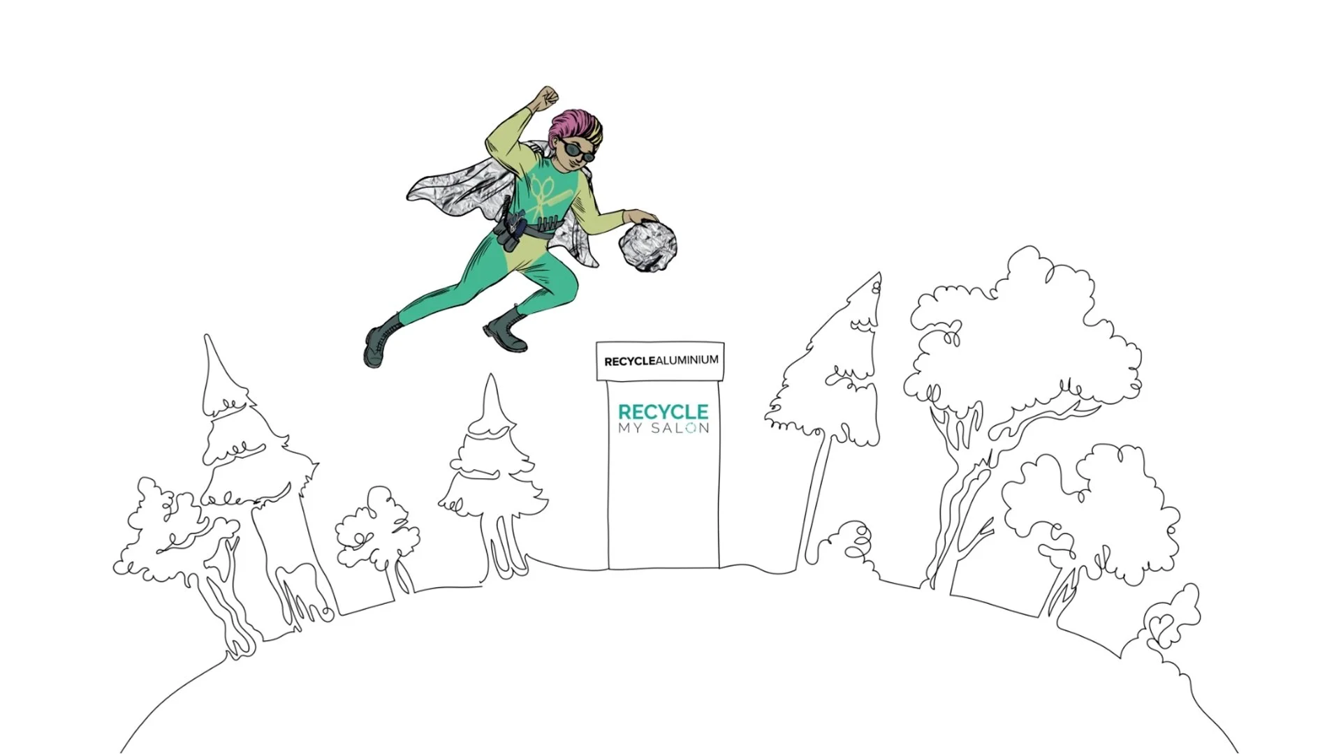 Line drawing of trees with a sign reading "Recycle My Salon" and a colorful superhero with pink hair, sunglasses, and a cape, flying above holding a crumpled paper.