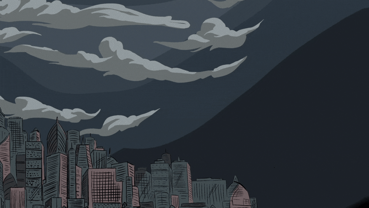 Dark city skyline with tall buildings under a cloudy, dark sky.