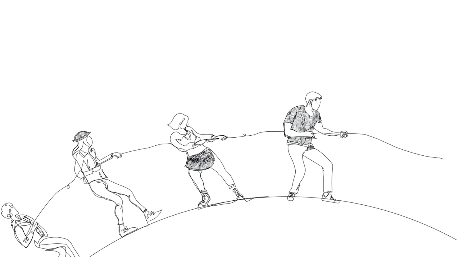 Line drawing of four people pulling a rope on a hill, with someone at the bottom holding a phone or camera.