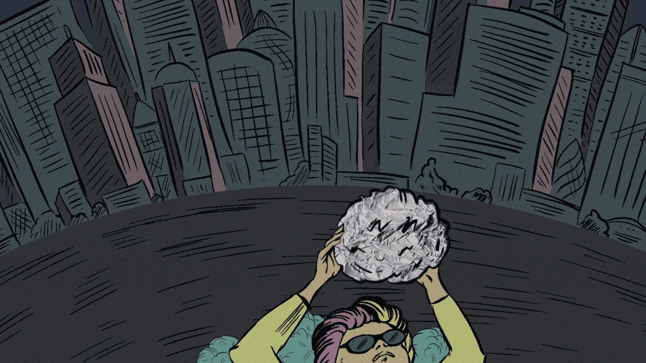 Person lying on the ground holding a large rock over their head in front of a city skyline at night.