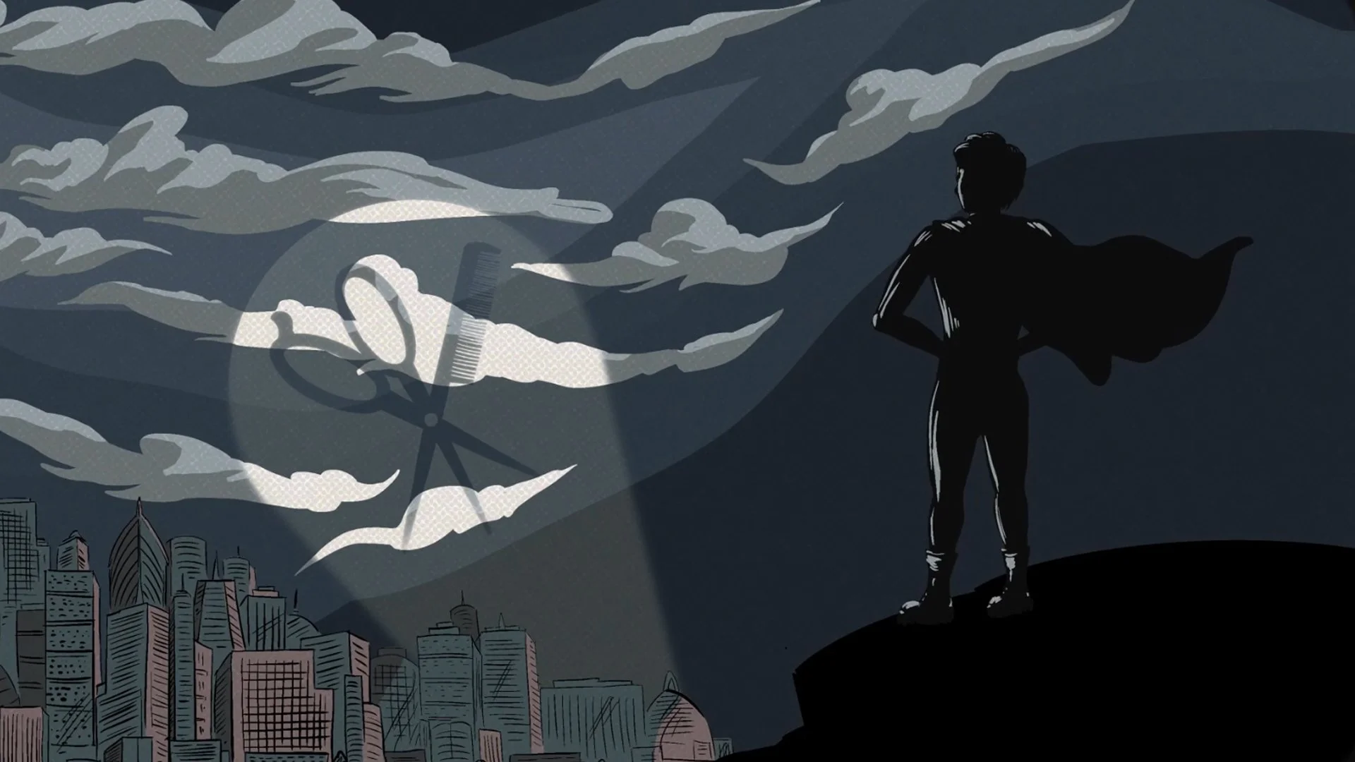 A silhouette of a man with a cape looking over a city skyline at night, with a cloud of smoke containing scissors, a comb, and a barber pole among clouds in the sky.