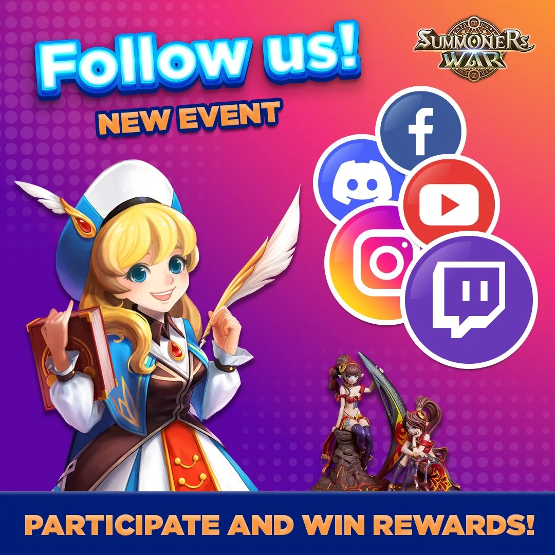 Promotional graphic for Summoners War featuring colorful text urging followers to join new event and social media platforms, with animated characters and icons for Facebook, Discord, YouTube, Instagram, and Twitch.