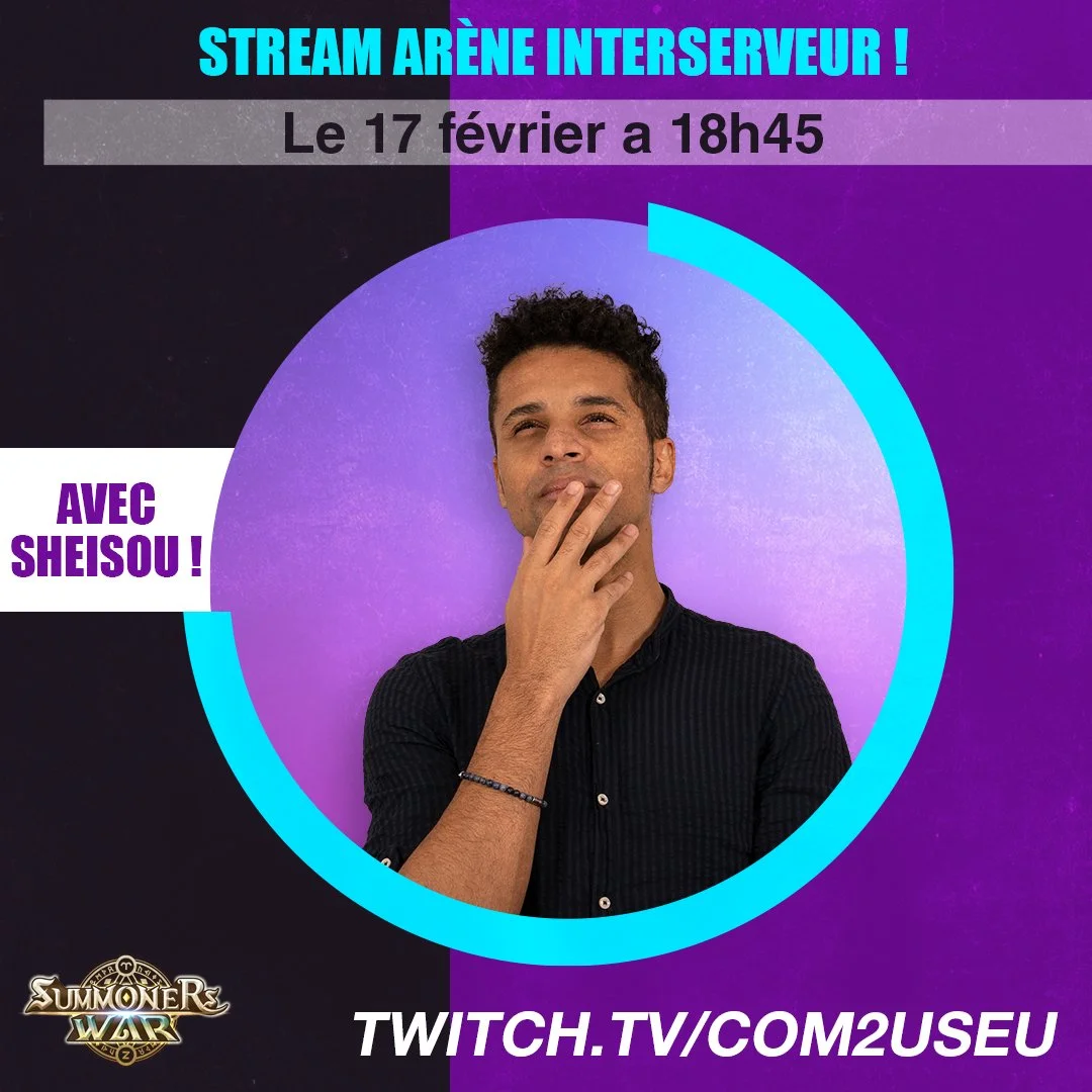 Promotional poster for a Twitch stream event titled 'Stream Arène Interserveur' scheduled for February 17 at 6:45 PM, featuring Sheisou. The poster includes a photo of a man with short curly hair touching his face, set against a purple background, wi