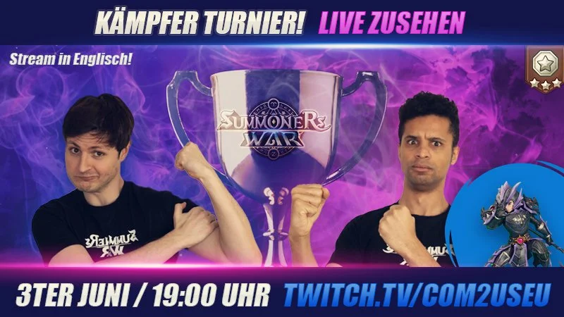 A promotional graphic for a live streaming event featuring two men and a large trophy with the text 'Kämpfer Turnier! Live Zusehen' and details about date and time, and a character from a game.
