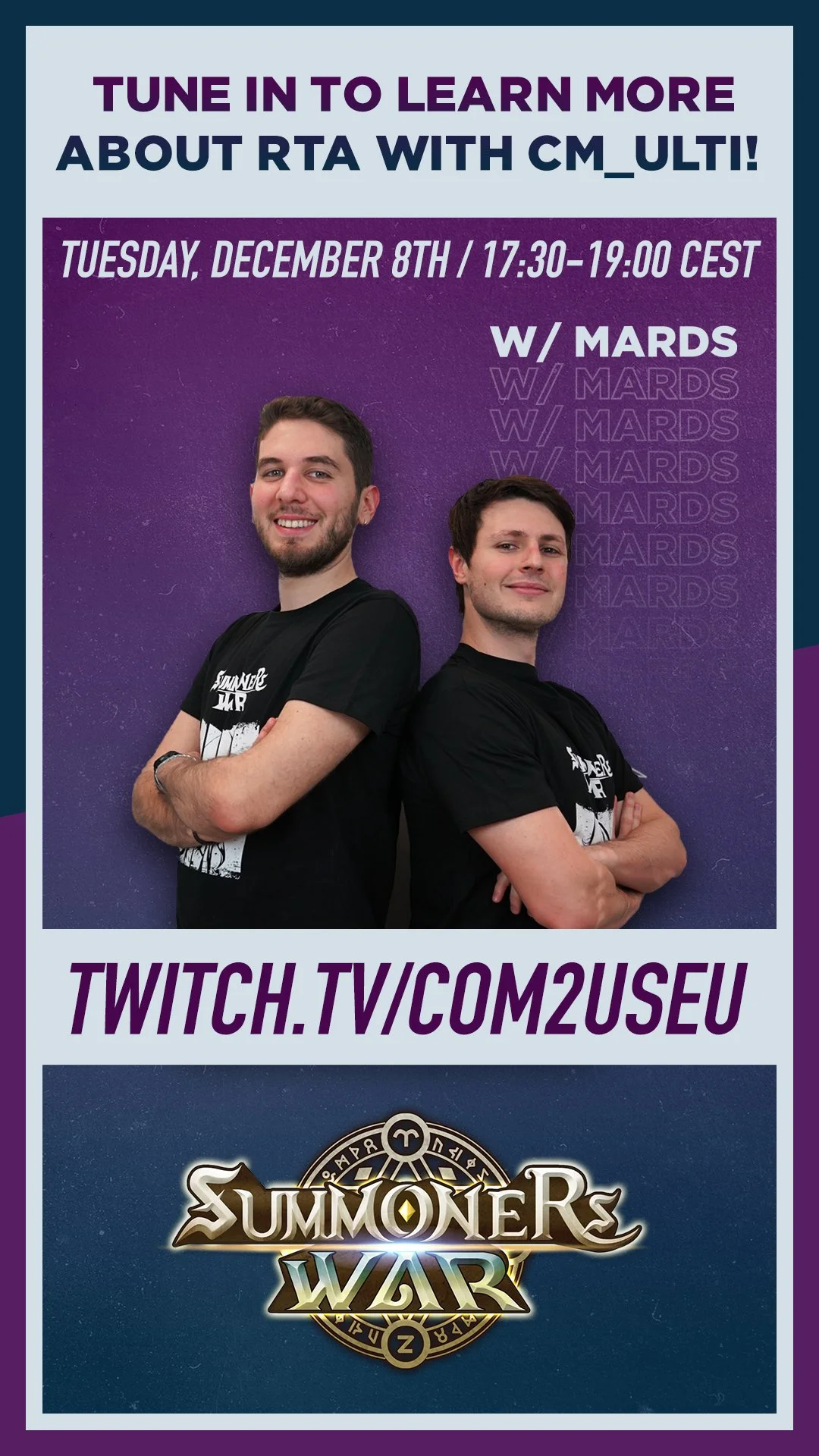 A promotional poster for a Twitch stream about the game Summoner Wars, featuring two smiling men with crossed arms standing in front of a purple background. The text invites viewers to tune in on December 8th from 17:30 to 19:00 CEST and provides the