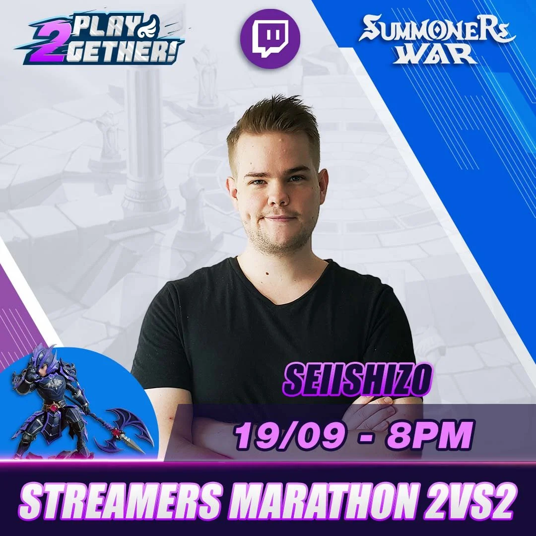 A promotional poster for a gaming event featuring a young man with short brown hair and a black T-shirt. The event is scheduled for September 19th at 8 PM, and it is a 2v2 streamers marathon. The poster includes the logos for Twitch and Summoner's Wa
