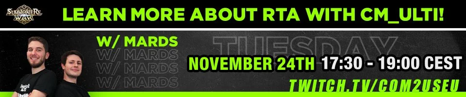 Promotion banner for a tournament about RTA with CM_ULTI, featuring two men, date November 24th, and time 17:30 to 19:00 CEST, with a Twitch link.