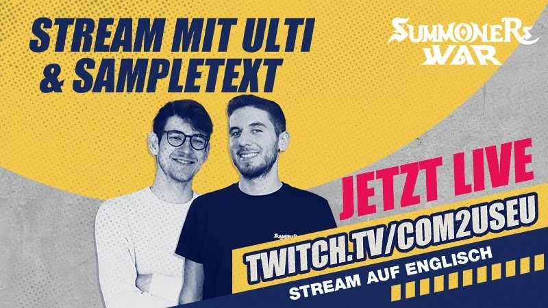 Two smiling men standing side by side, promoting a live stream event for Summoner War, with text in German and English encouraging viewers to watch on Twitch.