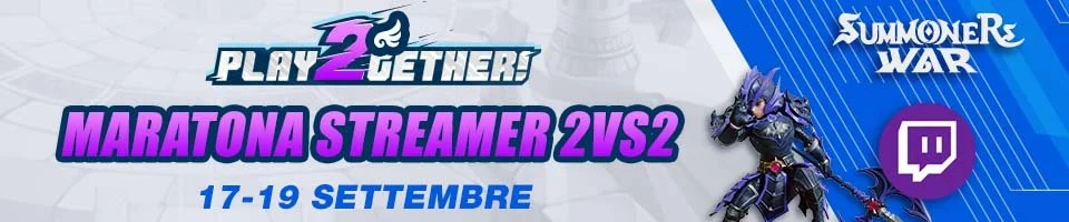 Banner for the Play 2 Gether Maratona Streamer 2 vs 2 event, September 17-19, featuring a character from Summoners War and the Twitch logo.