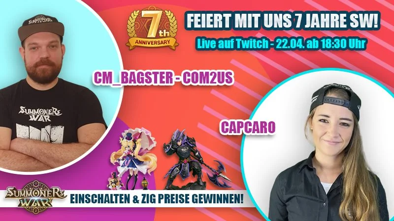 Celebrating 7th anniversary of Summoner's War with a live Twitch event on April 22 at 6:30 PM. Features two hosts, CM_BAGSTER_COM2US and CAPCARO, and images of game characters. Promotional text about prizes and contest participation.
