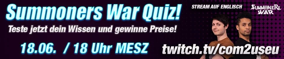 Banner advertising the Summoners War quiz, with event date June 18th at 6 pm, streaming on Twitch, featuring two men and ending with the URL twitch.tv/com2useu.