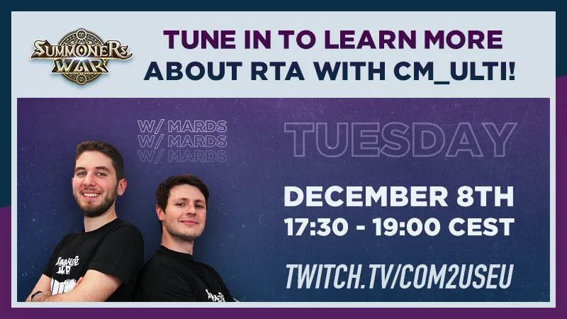A promotional banner for a Twitch stream about the game Summoner War, scheduled for Tuesday, December 8th, from 17:30 to 19:00 CEST, featuring two smiling men with dark hair in black shirts.
