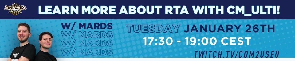 Banner promoting an event to learn about RTA with CM_Ulti, scheduled for Tuesday, January 26th, from 17:30 to 19:00 CEST on Twitch, featuring two people on the left.