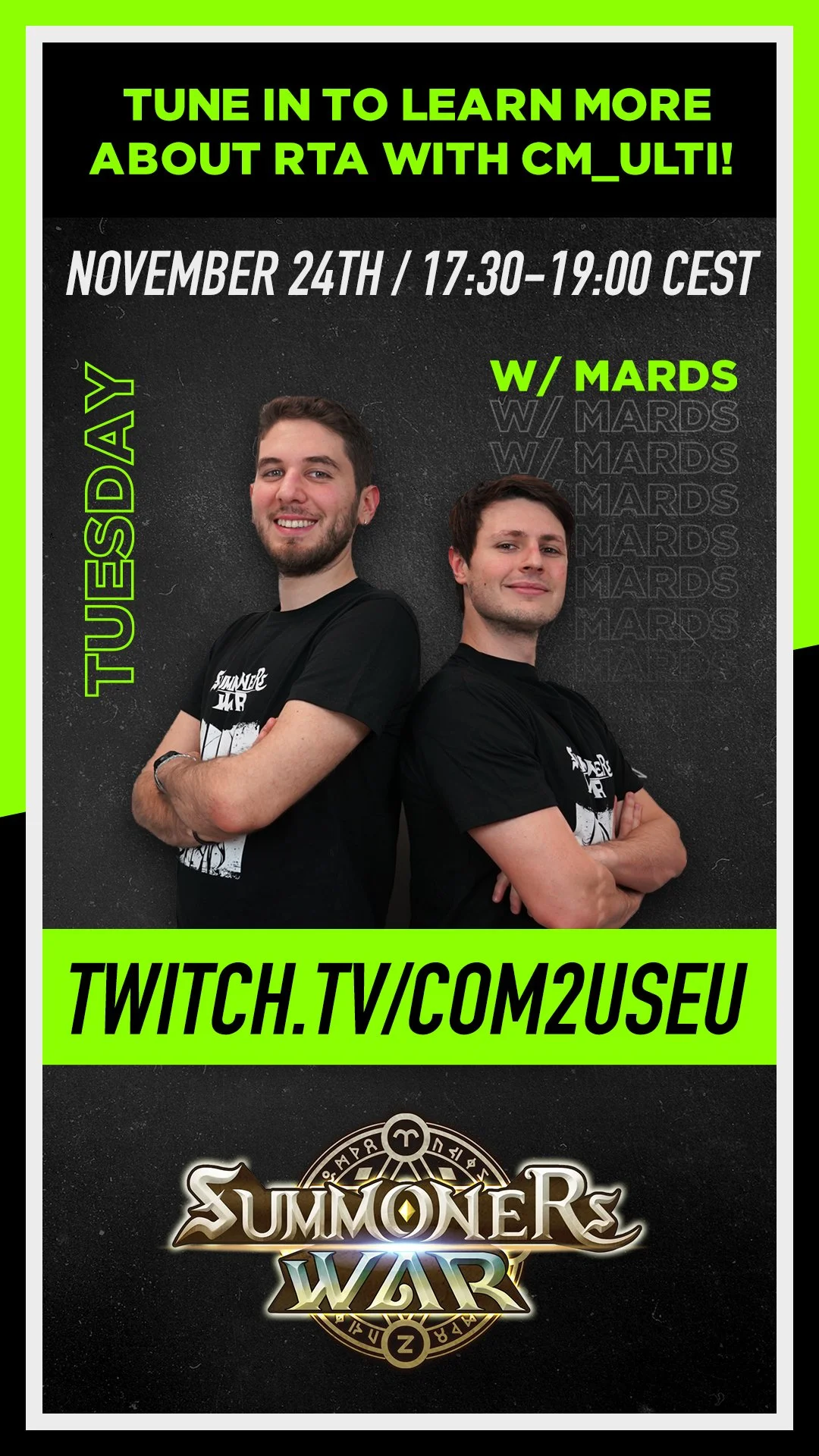 Promotion poster for an online event about the game Summoners War, featuring two men in black T-shirts standing back to back with arms crossed, with details about date, time, and Twitch website.