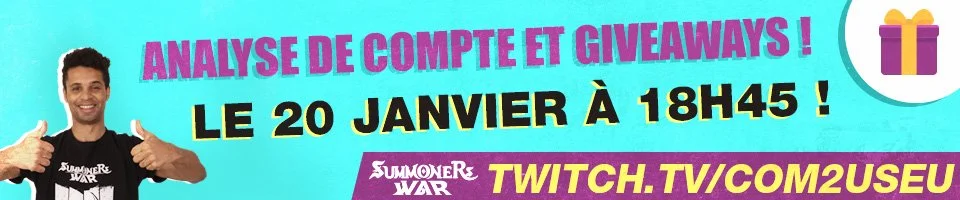 A promotional banner for a Twitch giveaway and account analysis event scheduled for January 20th at 6:45 PM, featuring a smiling man pointing at the text, with a gift icon at the top right.