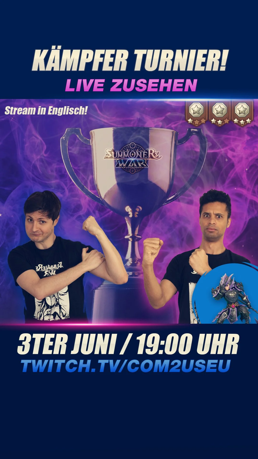 Promotional poster for a gaming tournament featuring two male competitors, a large trophy with the 'Summoners War' logo, and a character from the game. The event is scheduled for June 3rd at 7:00 PM, with streaming on Twitch.