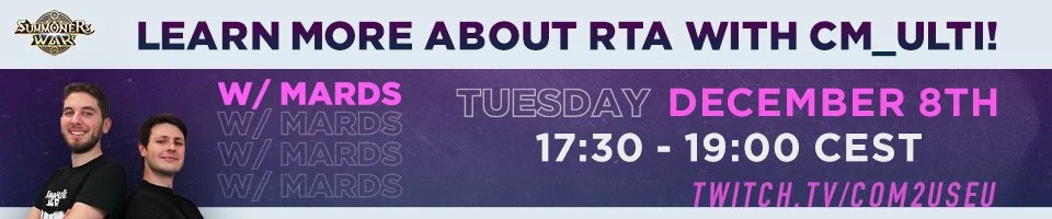 Banner promoting a Twitch event about RTA with CM_Ulti, featuring two men and details of the event on December 8th from 17:30 to 19:00 CEST.