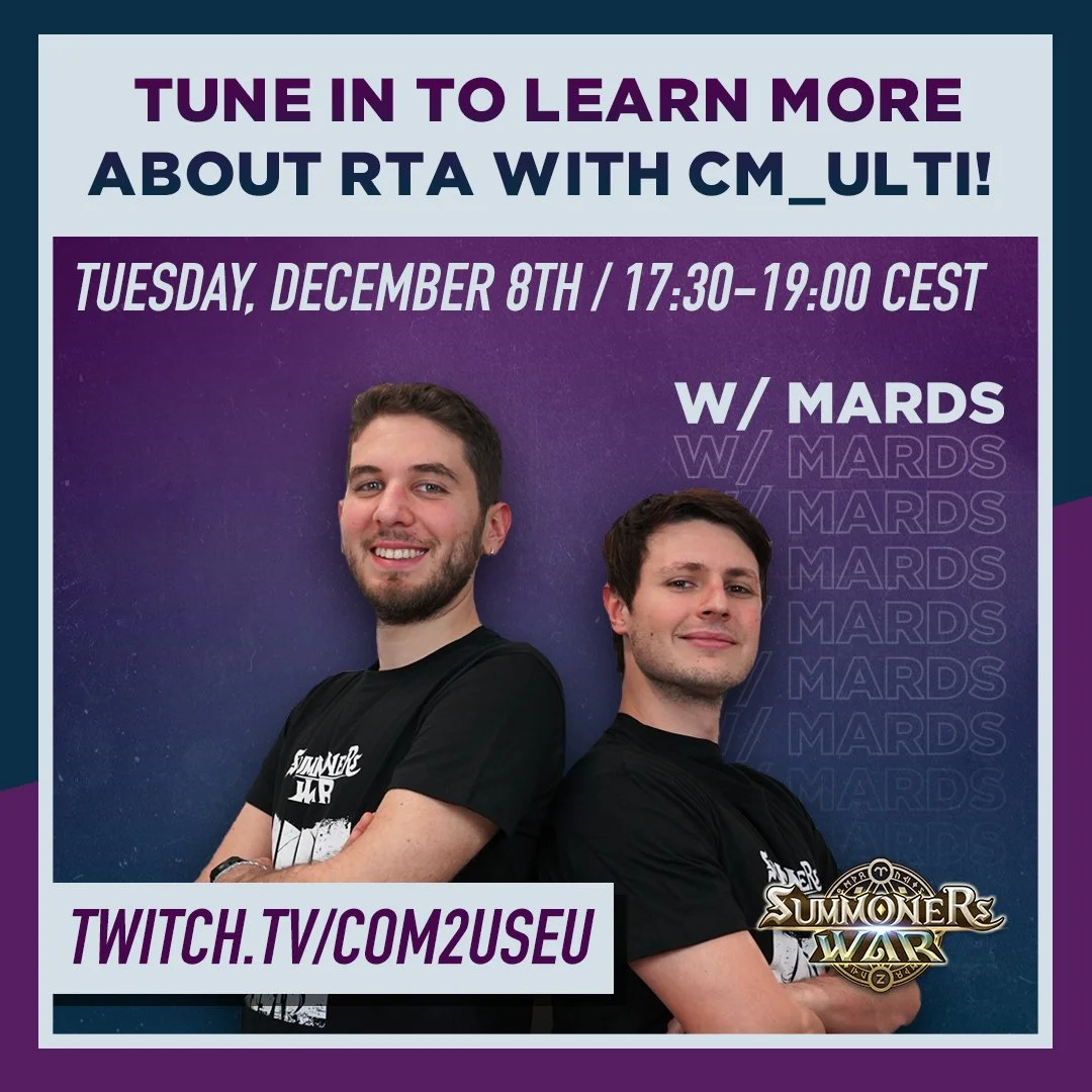 Promotional graphic for a Twitch event featuring two men. The event is about learning more about RTA with CM_ULI, scheduled for Tuesday, December 8th, from 17:30 to 19:00 CEST. The image includes the Twitch URL twitch.tv/com2useu and the Summoner War