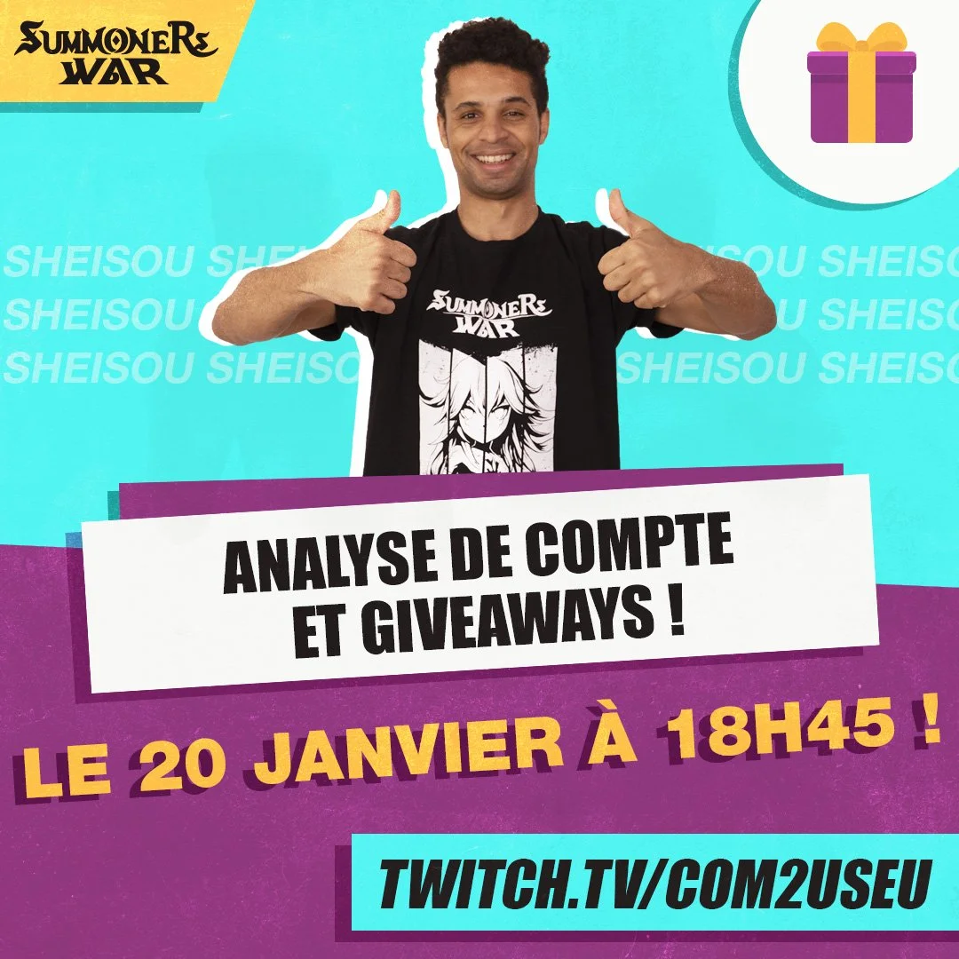 A man with dark curly hair smiling and giving two thumbs up, wearing a black T-shirt with a graphic design and the words "Summoners War" on it, standing against a colorful turquoise and purple background. The background also features a gift box icon,