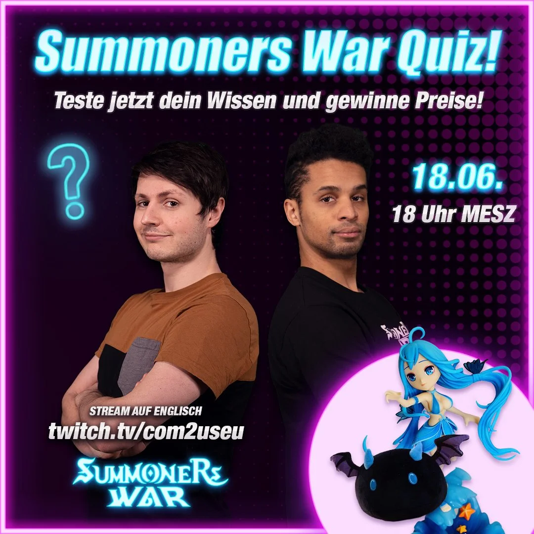 Poster for a 'Summoners War Quiz' event featuring two men, with text in German, date 18.06., time 18 Uhr MESZ, a blue-haired anime-style character and a small creature, and a neon question mark.