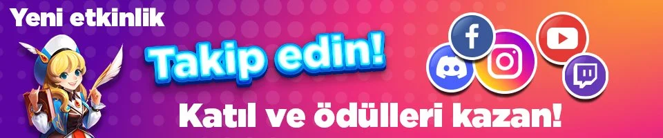Promotional banner in Turkish with a cartoon character holding a feather quill, advertising a new event with social media icons for Facebook, Instagram, YouTube, Discord, and Twitch, against a colorful dotted background.