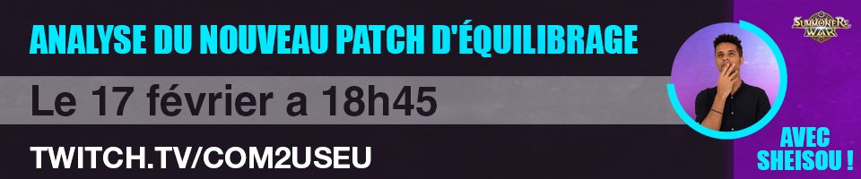 Promotional banner for a gaming event featuring a man with hand over mouth, event date February 17 at 6:45 PM, streaming on Twitch, with text in French discussing a new balance patch and 
