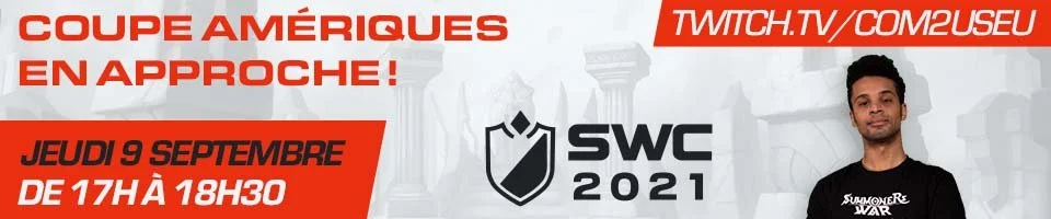 Promotional graphic for a gaming event, featuring the SWC 2021 logo, a person wearing a black event T-shirt, and information about an upcoming match in red and white text.