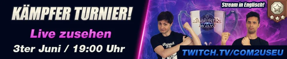 Promotional banner for a live stream event about a gaming tournament, scheduled for June 3rd at 7:00 PM, featuring two men and a large trophy with the game logo.