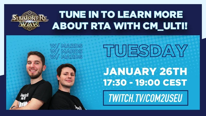 Announcement poster for a game streaming event on Twitch, featuring two young men wearing black shirts, with text about learning more about RTA with CM_Ulti, happening on Tuesday, January 26th from 17:30 to 19:00 CEST, promoting the Twitch channel tw
