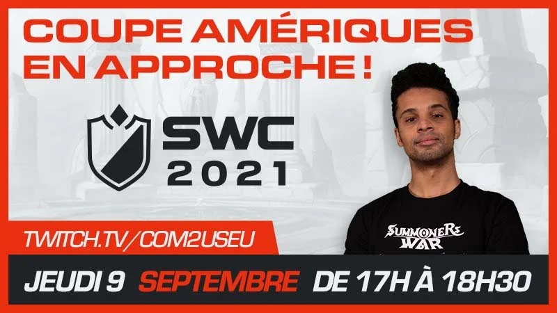 Red and white promotional poster for the 2021 North American League with a person in a black shirt, event date September 9th from 5 PM to 6:30 PM, and a Twitch link.