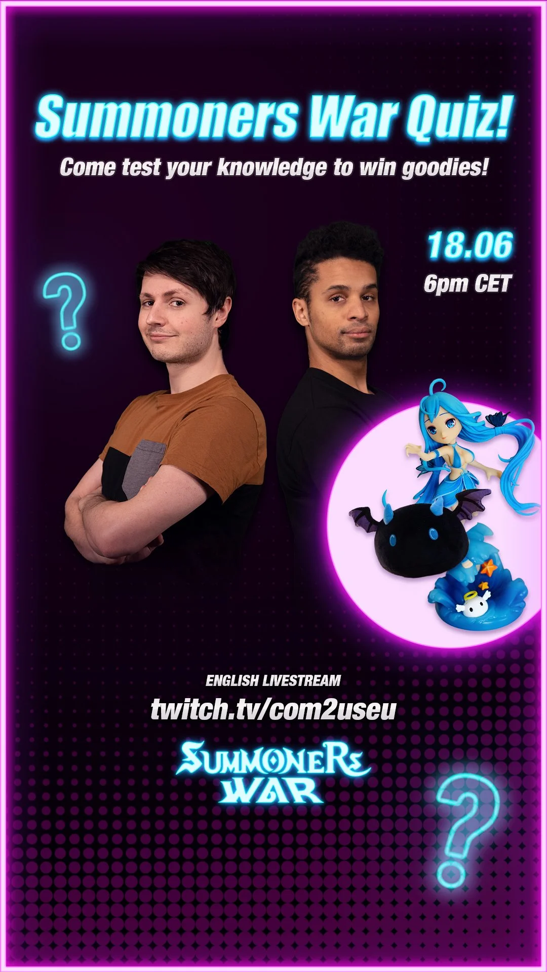 A digital poster promoting a Summoners War quiz livestream on Twitch, featuring two men, neon question marks, and a blue-haired anime-style character with a small creature.