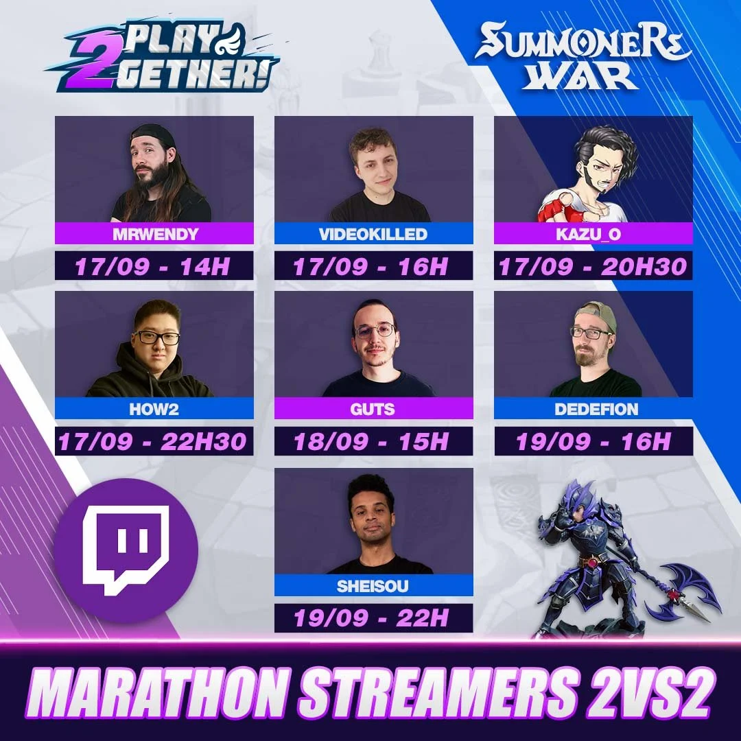 Schedule of marathon streaming event for Summoner's War featuring various streamers on September 17th to 19th, 2023, with times listed and images of some streamers and a game character.