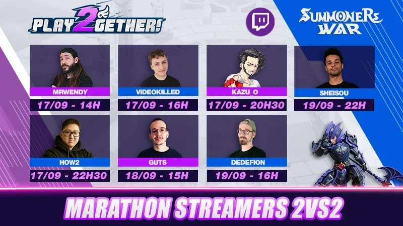 Schedule and promotional banner for a gaming marathon event called 'Play 2gether' Summer War 2v2, featuring streamer names, dates, and times, with a cartoon character and team logo.
