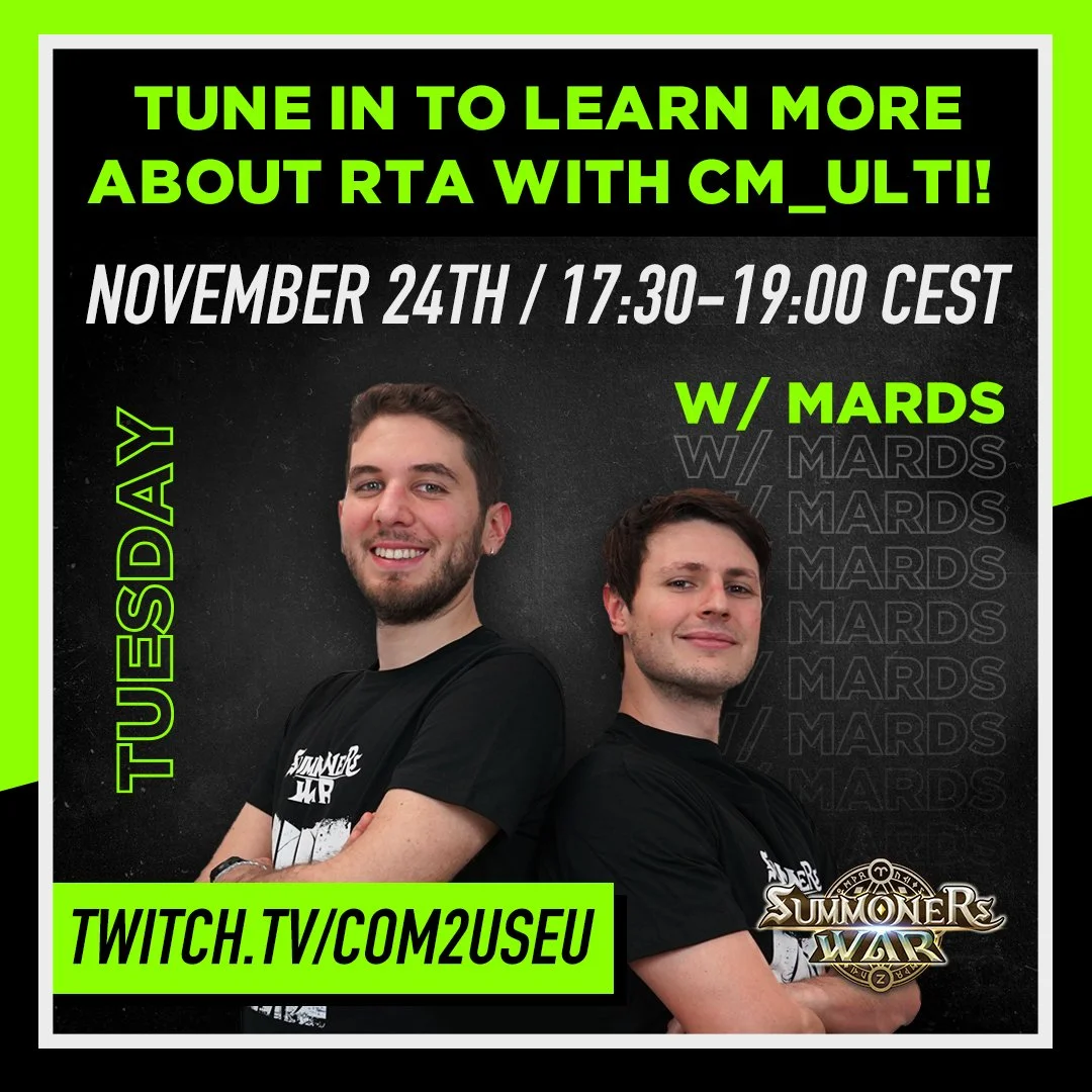Announcement poster for a live stream event about RTA with CM_Ulti on November 24th from 17:30 to 19:00 CEST. Features two gaming streamers wearing black T-shirts with the Summoner War logo, standing against a black background with green and white te