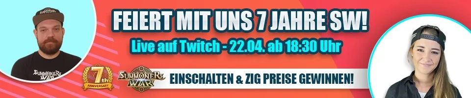 Celebration banner for 7 years of Summoner's War, featuring two streamers and event details for a Twitch live stream on April 22nd at 6:30 PM, with a chance to win prizes.