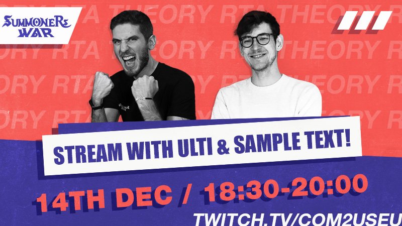 Promotional graphic for a gaming stream featuring two men, one excited and the other smiling, with event details for December 14th from 6:30 to 8:00 PM on Twitch, titled 'Summoner's War'.