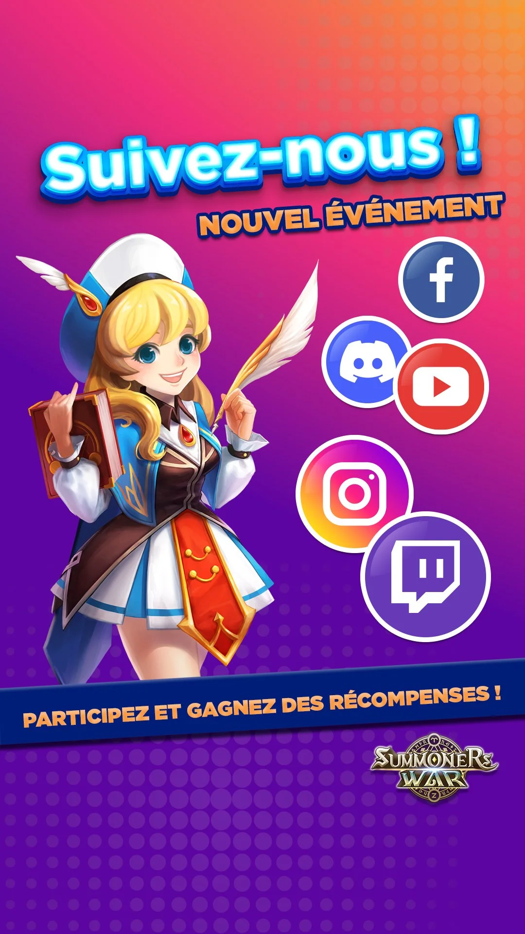 A promotional graphic for a new event in the game Summoner Wars featuring a cheerful animated female character with blonde hair, dressed in medieval fantasy attire, holding a book and feather quill. The background has a gradient from pink to purple w