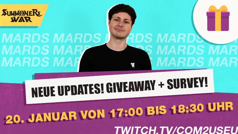 Promotional graphic for Summoners War announcing new updates, giveaway, and survey on January 20th from 5:00 PM to 6:30 PM, featuring a young man smiling, with event details and a gift box icon.