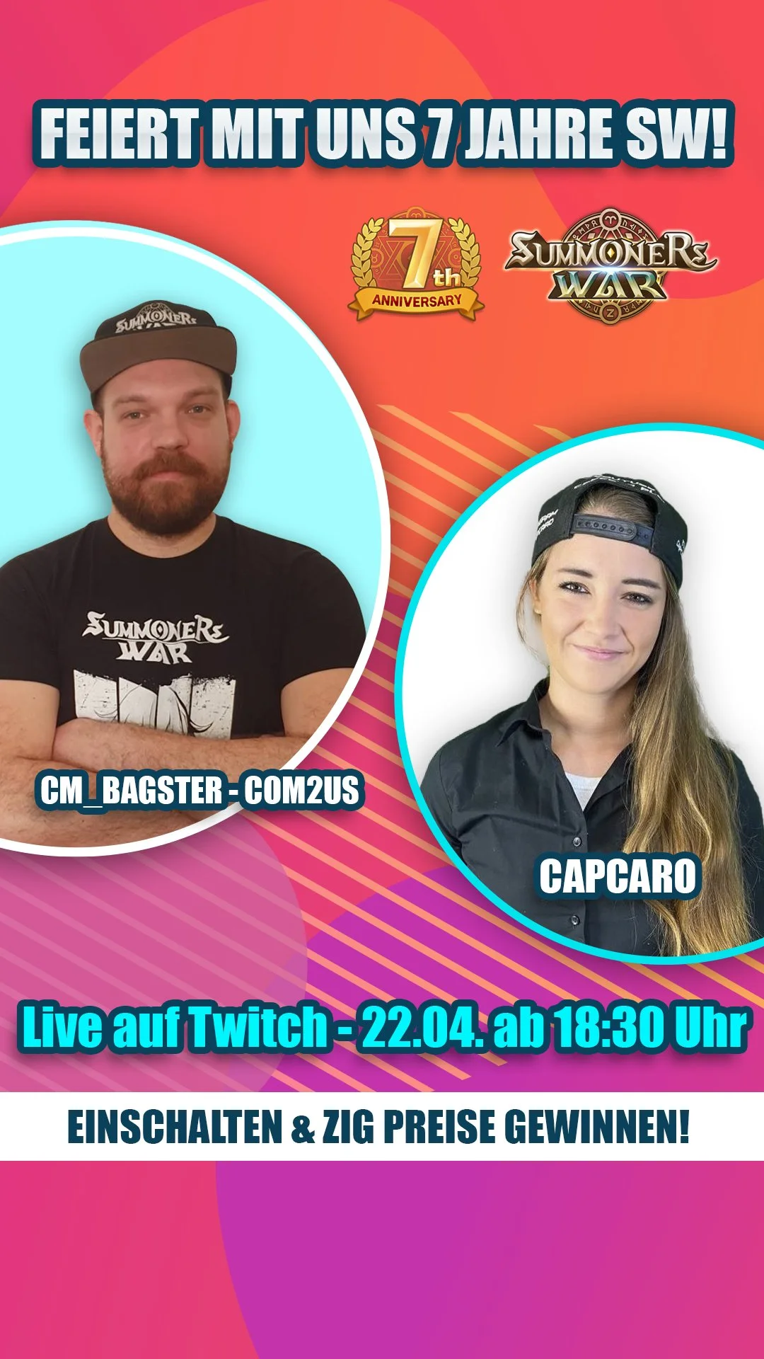 Celebration poster for 7th anniversary of Summoners War featuring two people, one man with a beard and the other woman with long hair, both wearing black shirts or caps with the game logo. It mentions a live Twitch event on April 22 at 6:30 PM with c