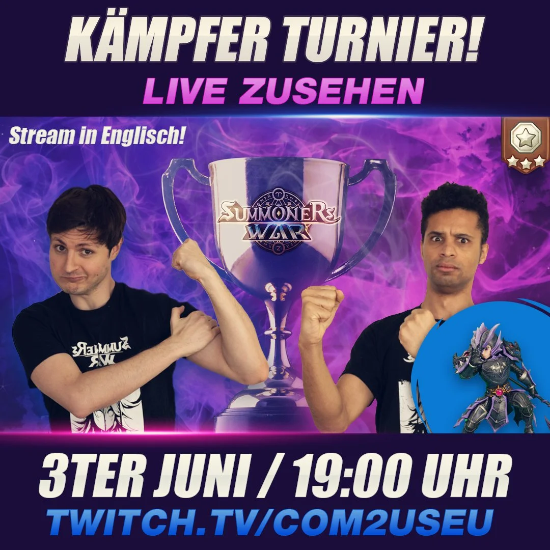 A promotional image for a gaming tournament featuring two men, one flexing his arm and the other with a puzzled expression. The background is purple with gaming-themed visuals, including a large trophy in the center with the text 'Summoner War.' Deta