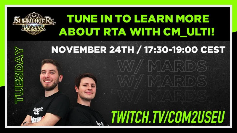 An announcement poster for a Twitch stream about RTA with CM_ULI, scheduled for November 24th from 17:30 to 19:00 CEST, featuring two men standing with arms crossed, set against a black and green background with text.