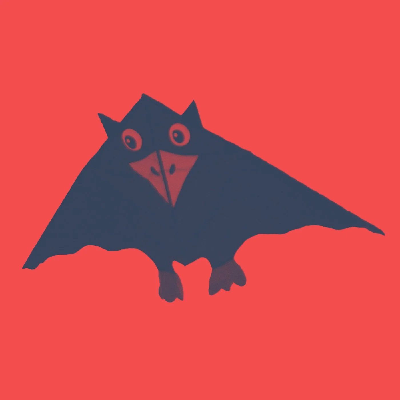 A cartoon drawing of a black bat with pink face and large eyes, set against a red background.